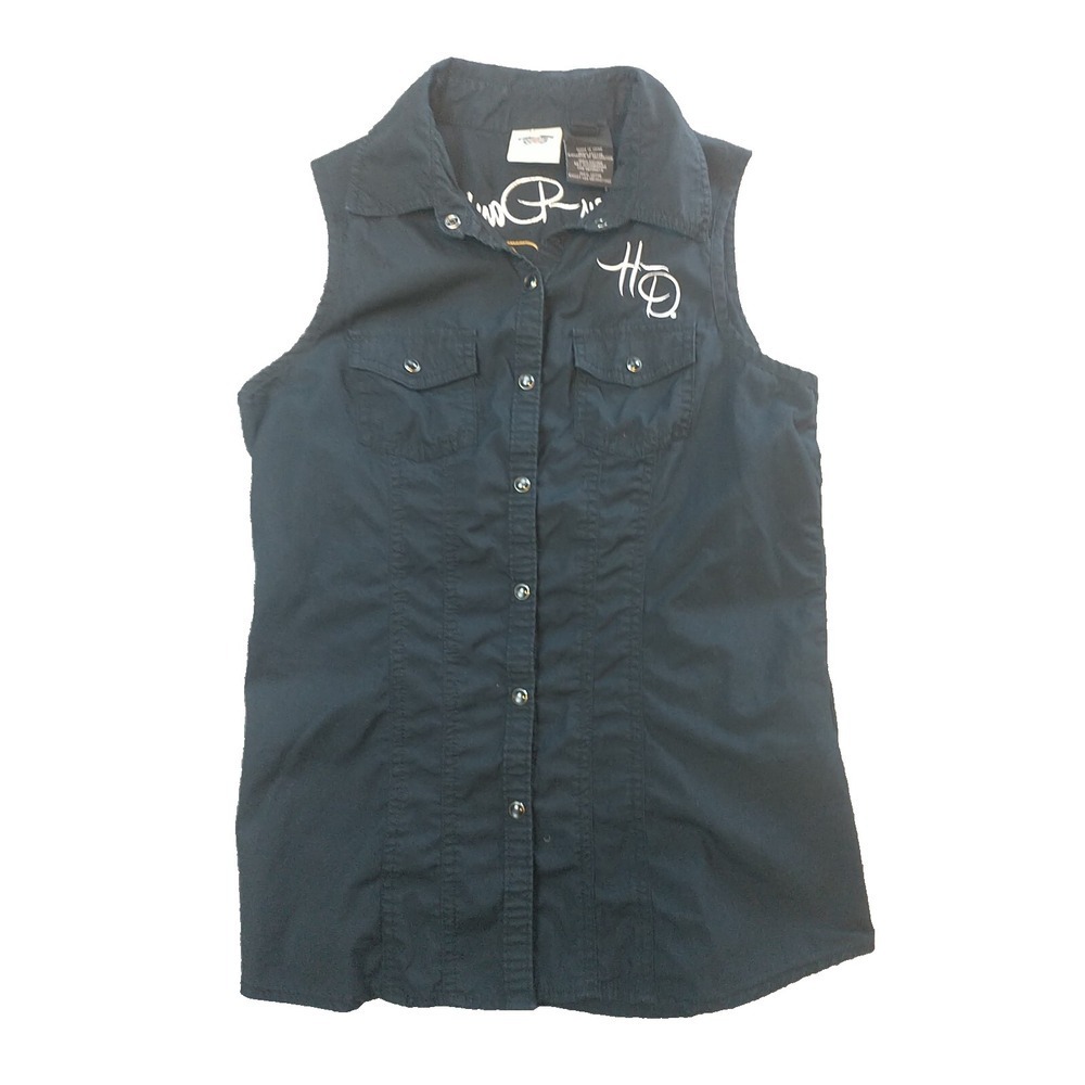 Harley-Davidson Womens 110th Anniversary Sleeveless Snap Front Shirt Black Sm